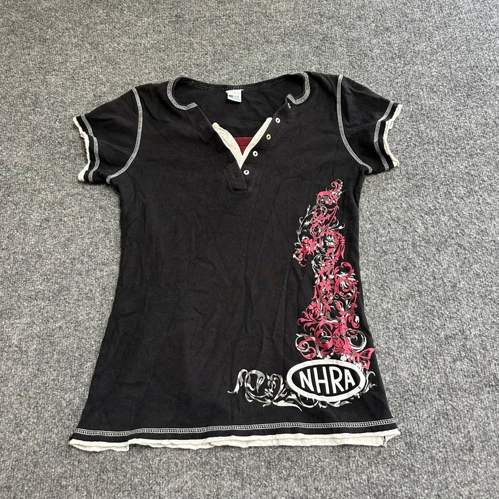Main Gate T-Shirt Womens Size S Black NHRA Graphic Henley Pink Floral Y2K Fit